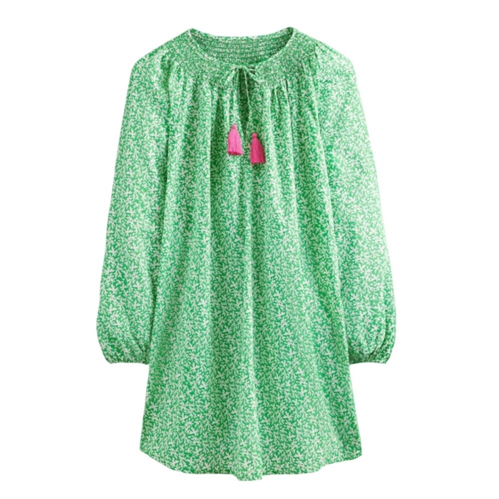 BODEN Smocked Neck Beach Kaftan Bright Green, Abstract Foliage Size 8 L